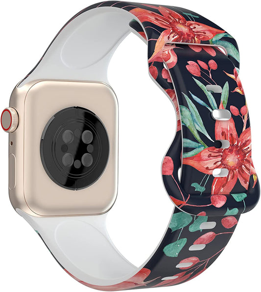 Floral Apple Watch Bands 38Mm 40Mm 41Mm 42Mm 44Mm 45Mm for Women Men, Soft Silicone Sport Replacement Watch Band Flower Design Breathable Slim Strap Wristband for Iwatch Series SE 7 6 5 4 3 2 1 Band  HONEYBABY   