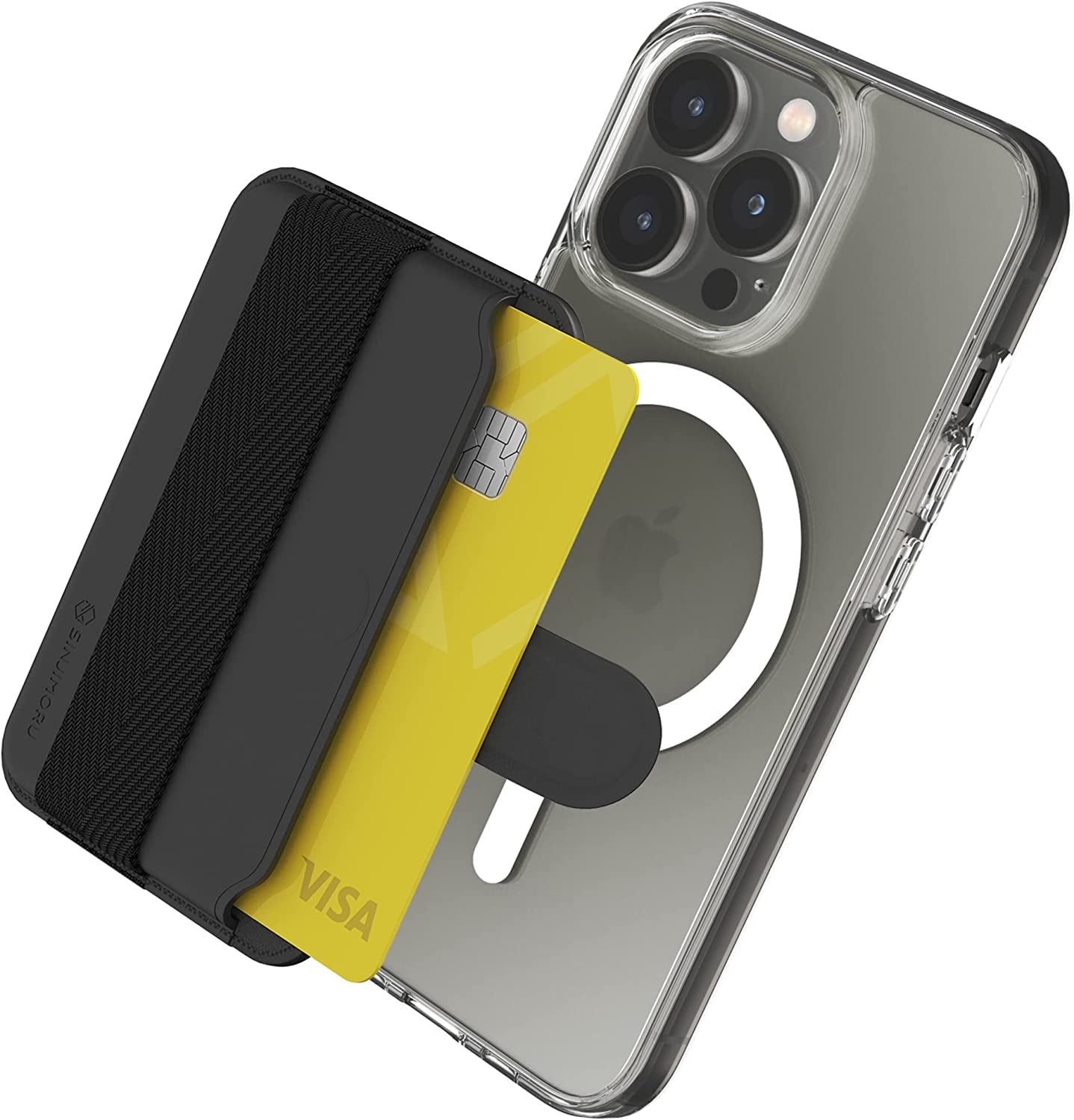 Sinjimoru Comb-Pattern Phone Grip Wallet for Magsafe, Vegan Leather Magnetic Cell Phone Card Holder & Wool Band Strap as Credit Card Case for Iphone 12 13 14 plus Pro Max. M-Pull Tab Band Black  Sinjimoru Co.Ltd   