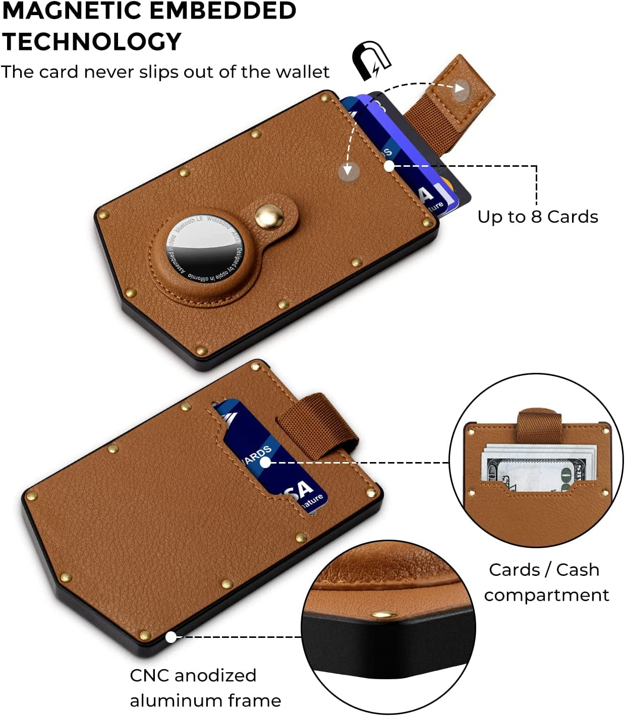 ONIJIA Airtag Wallet Card Holder Men, Smart Air Tag Wallet with Real Leather and Metal, RFID Card Case, Minimalist Credit Card Holder Women, Christmas Gifts (Brown)  ONIJIA   