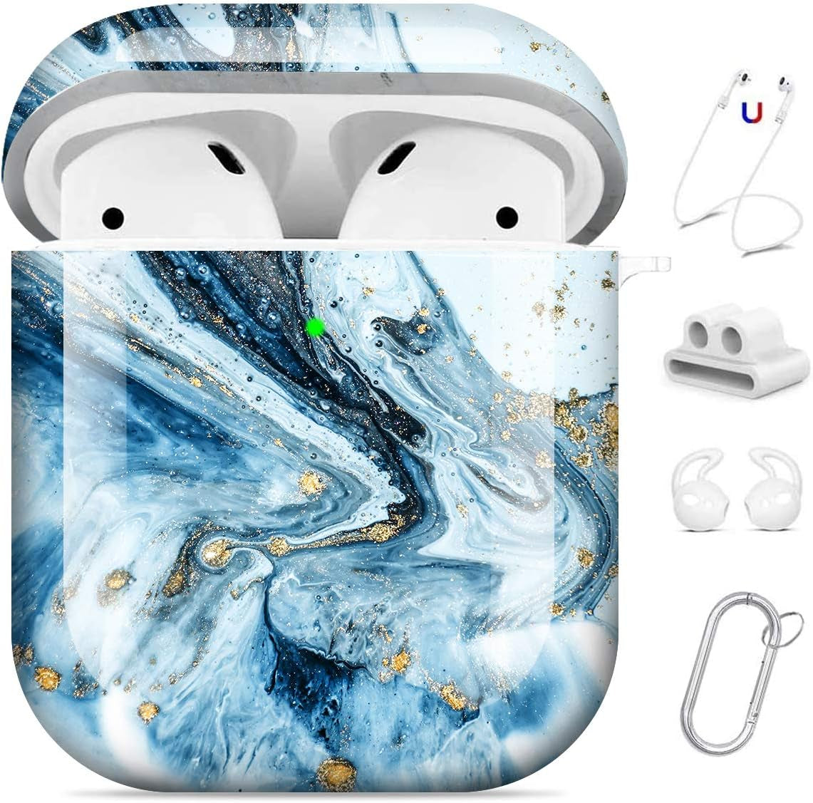 Maxjoy Compatible Airpods Case Cover, Leopard Print Case for Women Men Cute Air Pod 2 Hard Shell Protective Cover with Keychain Compatible with Apple Airpods Charging Case 2&1  Maxjoy Blue + White  