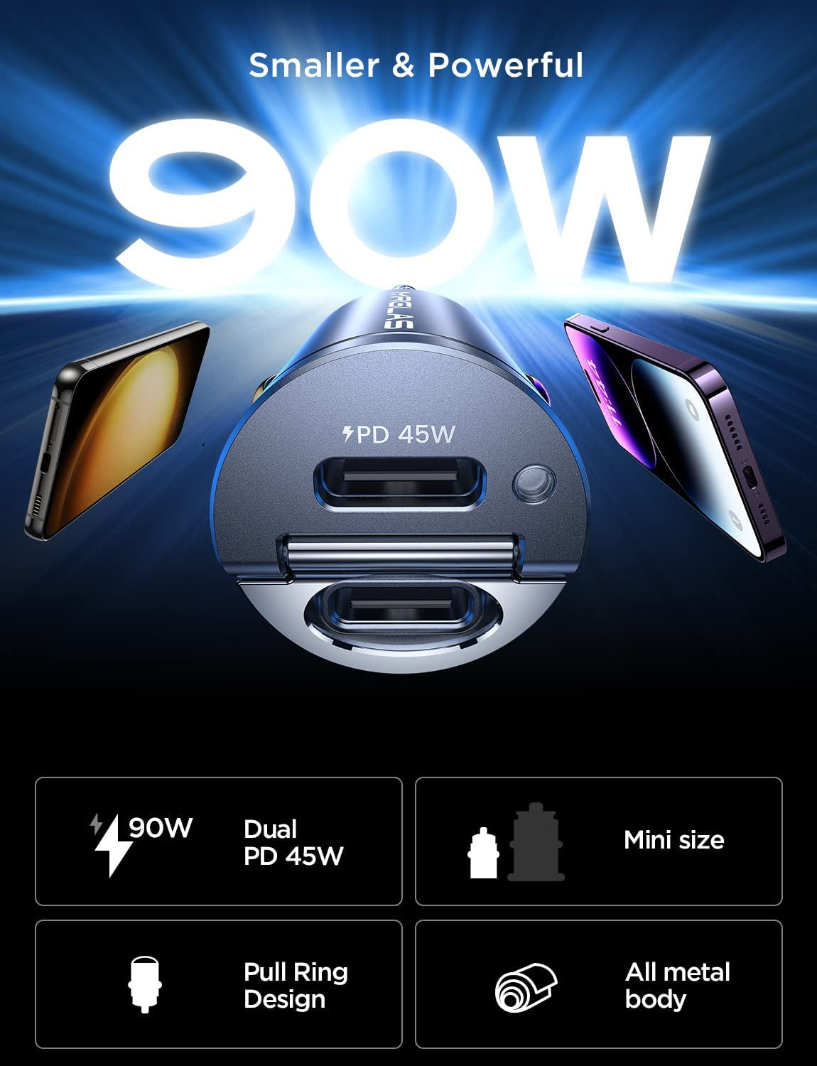 90W USB C Car Charger,[Super Mini Metal] USB C Car Charger Fast Charging Adapter Dual PD Dual Port MRGLAS Type C Car Cigarette Lighter USB Charger Compatible Iphone 14 13 Pro Max Ipad Samsung Macbook  MRGLAS   