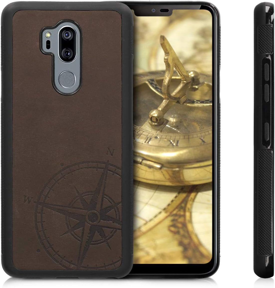 Kalibri Case Compatible with LG G7 Thinq/Fit/One - Smooth Genuine Leather Protective Smartphone Cover - Navigational Compass Brown  KW-Commerce   
