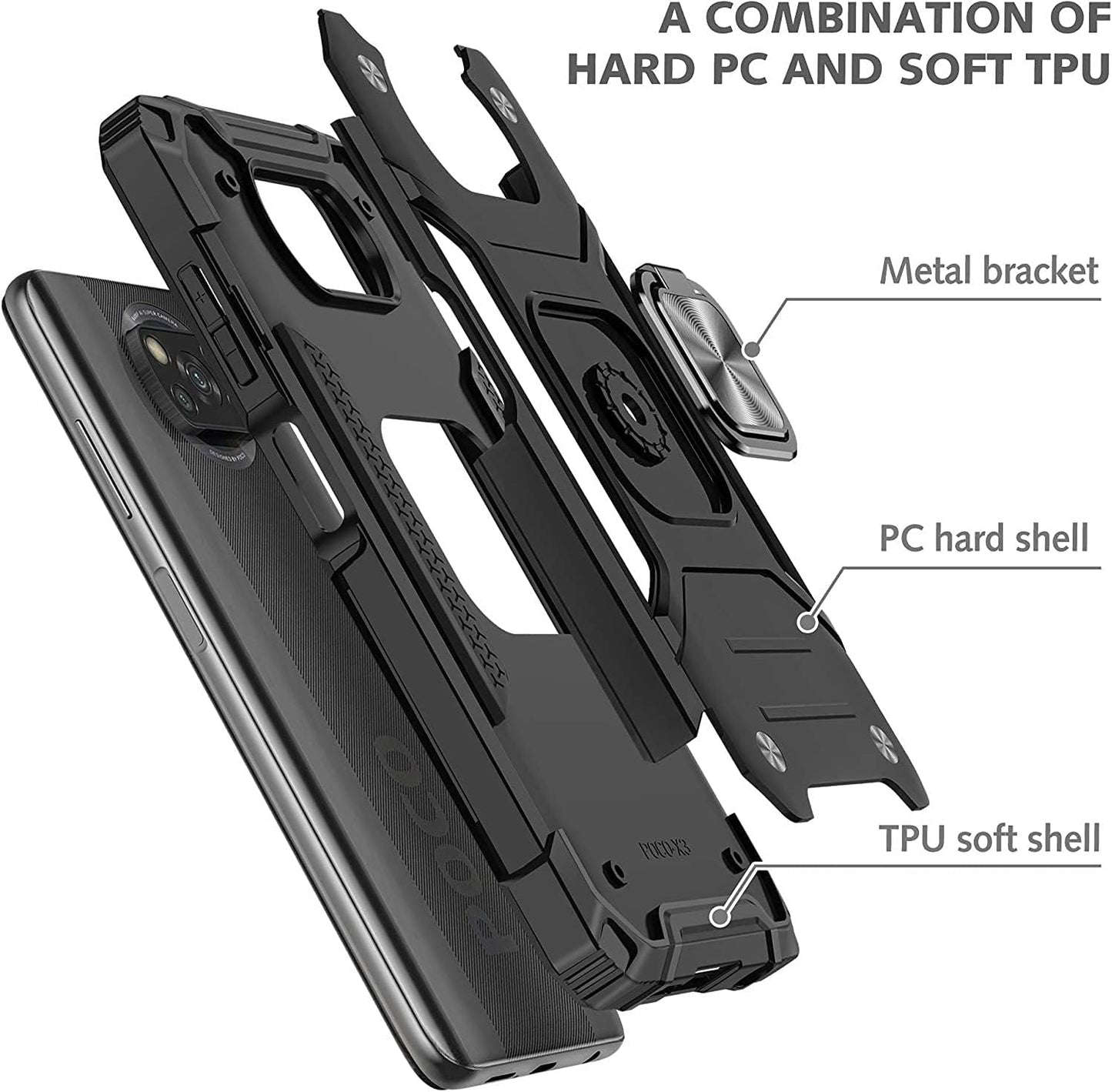 Yahan for Xiaomi Poco X3 Nfc/Xiaomi Poco X3 Case with Tempered Glass Screen Protector[Not Glass][2 Pack]，Hybrid Heavy Duty 360 Degree Rotating Ring Kickstand Shockproof Defender Hard Back Case,Blue  YaHan   