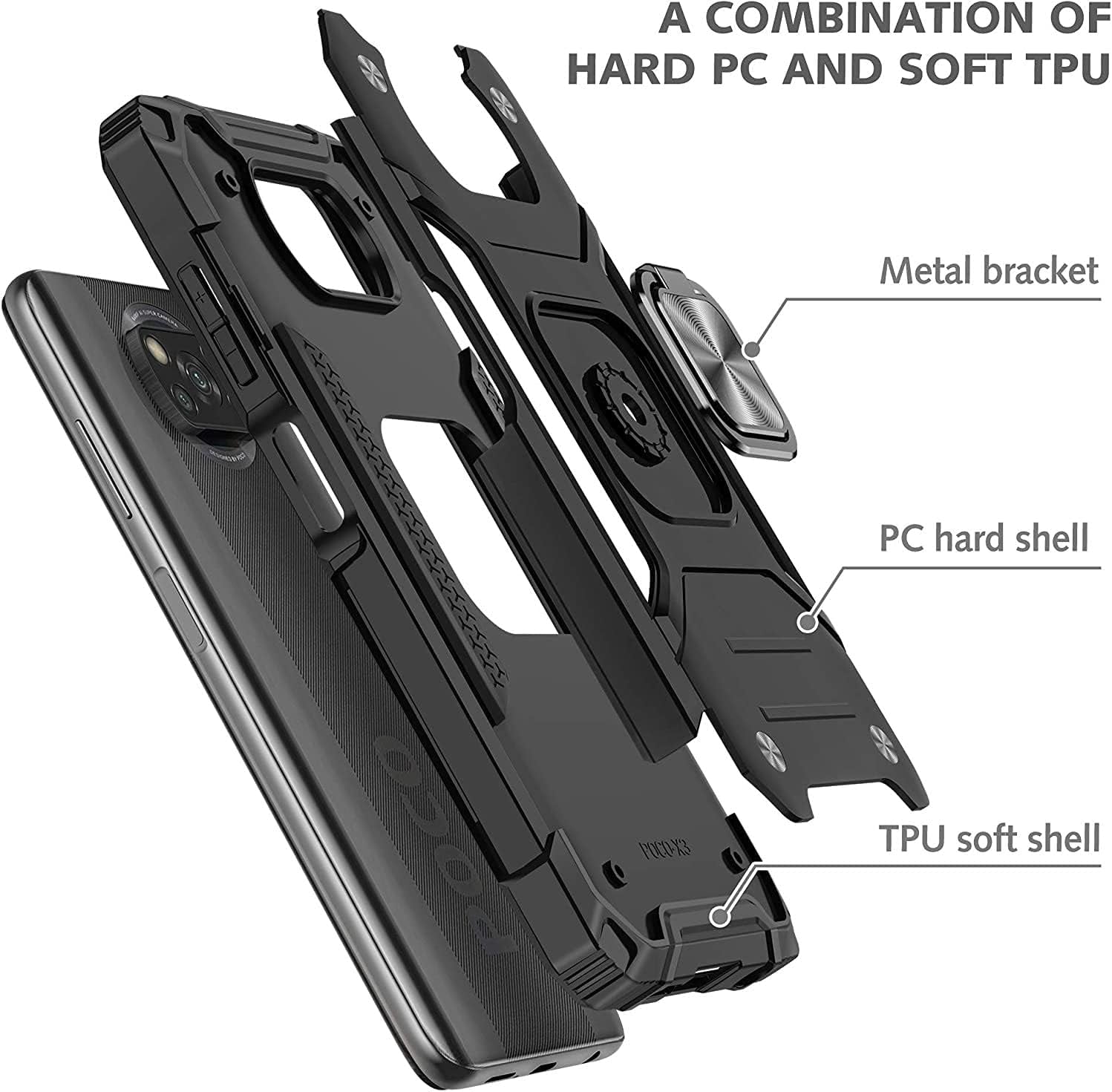 Yahan for Xiaomi Poco X3 Nfc/Xiaomi Poco X3 Case with Tempered Glass Screen Protector[Not Glass][2 Pack]，Hybrid Heavy Duty 360 Degree Rotating Ring Kickstand Shockproof Defender Hard Back Case,Blue  YaHan   