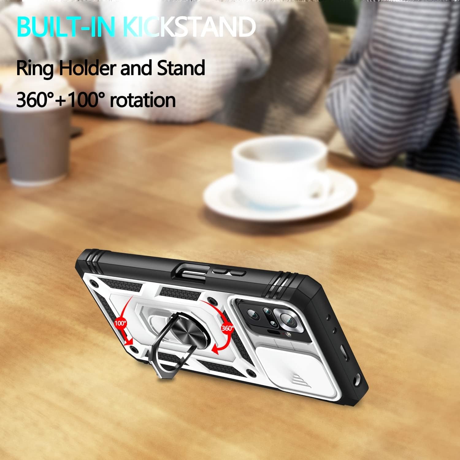 Xiaomi Redmi Note 10 Pro Case, Redmi Note 10 Pro MAX Case with 3 Pcs Tempered Glass Screen Protector Built in Ring Stand Kickstand + Camera Cover, Hard PC Soft TPU Defender Full Body Armor Case -White  ANOUKE   