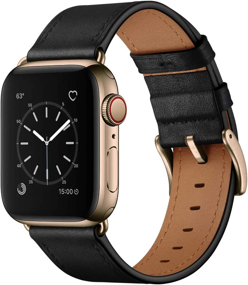 OUHENG Compatible with Apple Watch 49Mm 45Mm 44Mm 42Mm, Genuine Leather Band Replacement Strap Compatible with Apple Watch Ultra Series 8/7/6/5/4/3/2/1/SE2/SE, Black Band with Black Adapter  OUHENG Black/Bronze Gold 49mm/45mm/44mm/42mm 