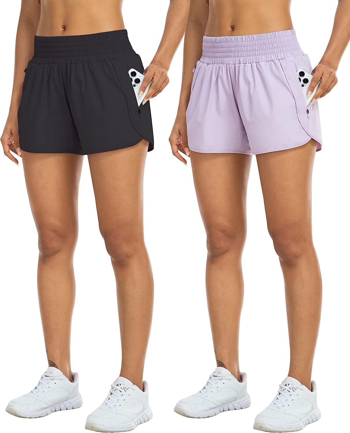 YEZII Athletic Shorts for Women with Pockets High Waist Running Workout Shorts Gym Yoga White Summer Shorts  YEZII 2 Packs-black/Purple Small 