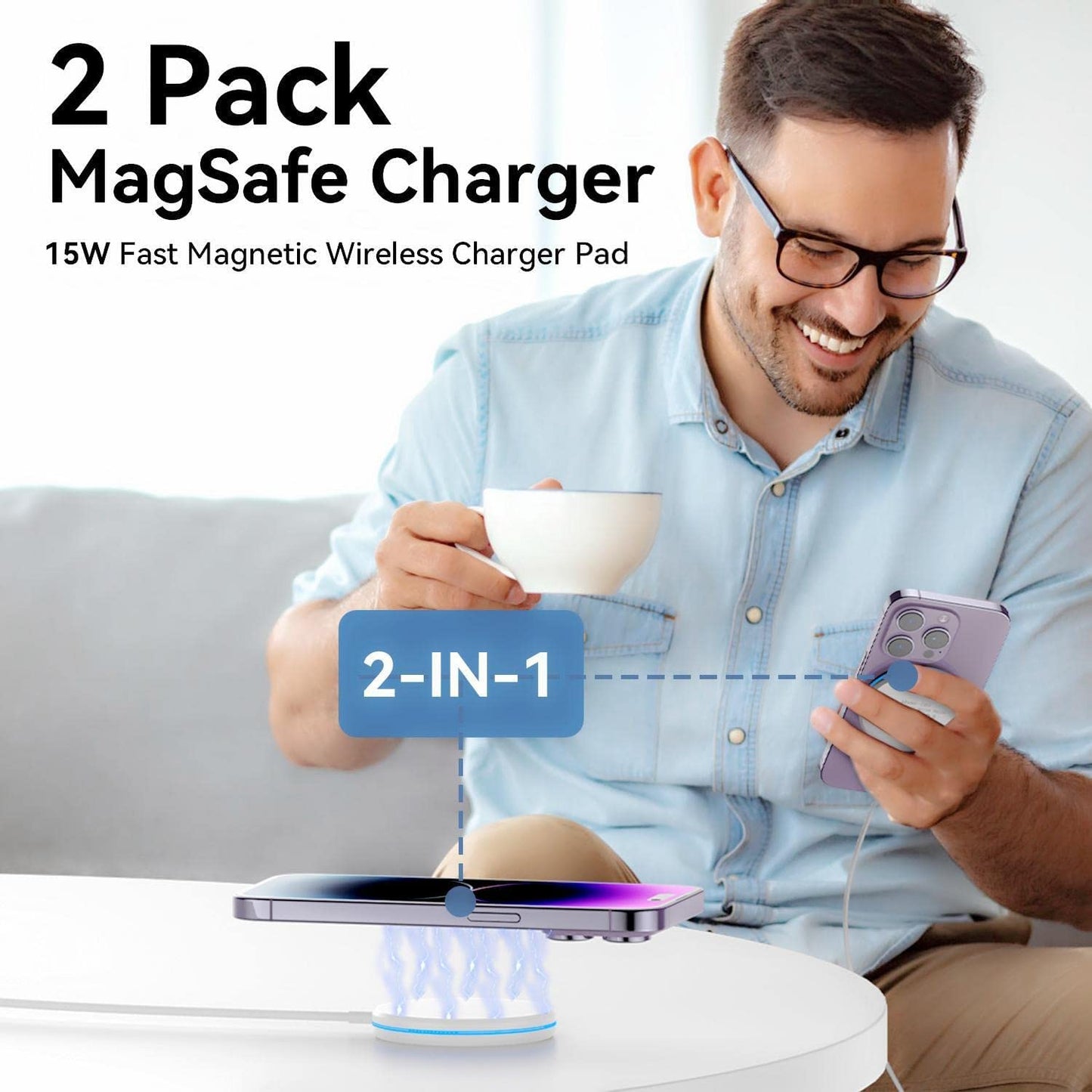 2 Pack Magnetic Wireless Charger 15W Fast Apple Mag-Safe Charger for Iphone 14/13/12 Series, Airpods 3/2/Pro with 5Ft Dual Charging Port Cable  UMEIJA   