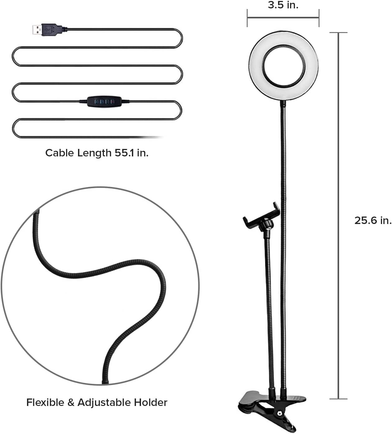 LS Photography Clip on Selfie Ring Light Stand with Phone Holder, Flexible Arms for Video Photography Desk Lamp Bedroom, LGG775  LS PHOTOGRAPHY   