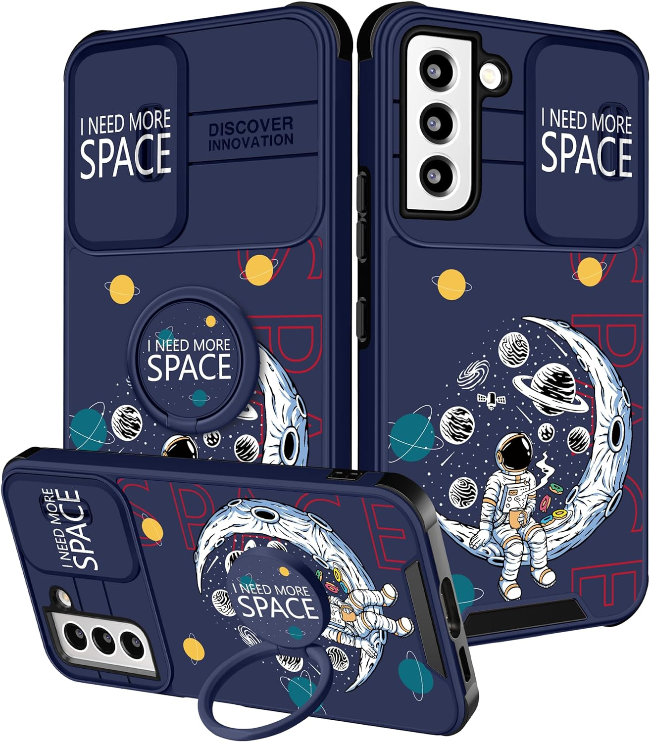 Funermei (2In1 for Samsung Galaxy S22 Case for Girls Women Cute Butterfly Cover Girly Aesthetic Black Pretty Fashion Design with Camera Cover and Ring Stand Funda for Galaxy S22 Phone Cases  Funermei 5-For Astronaut Moon  