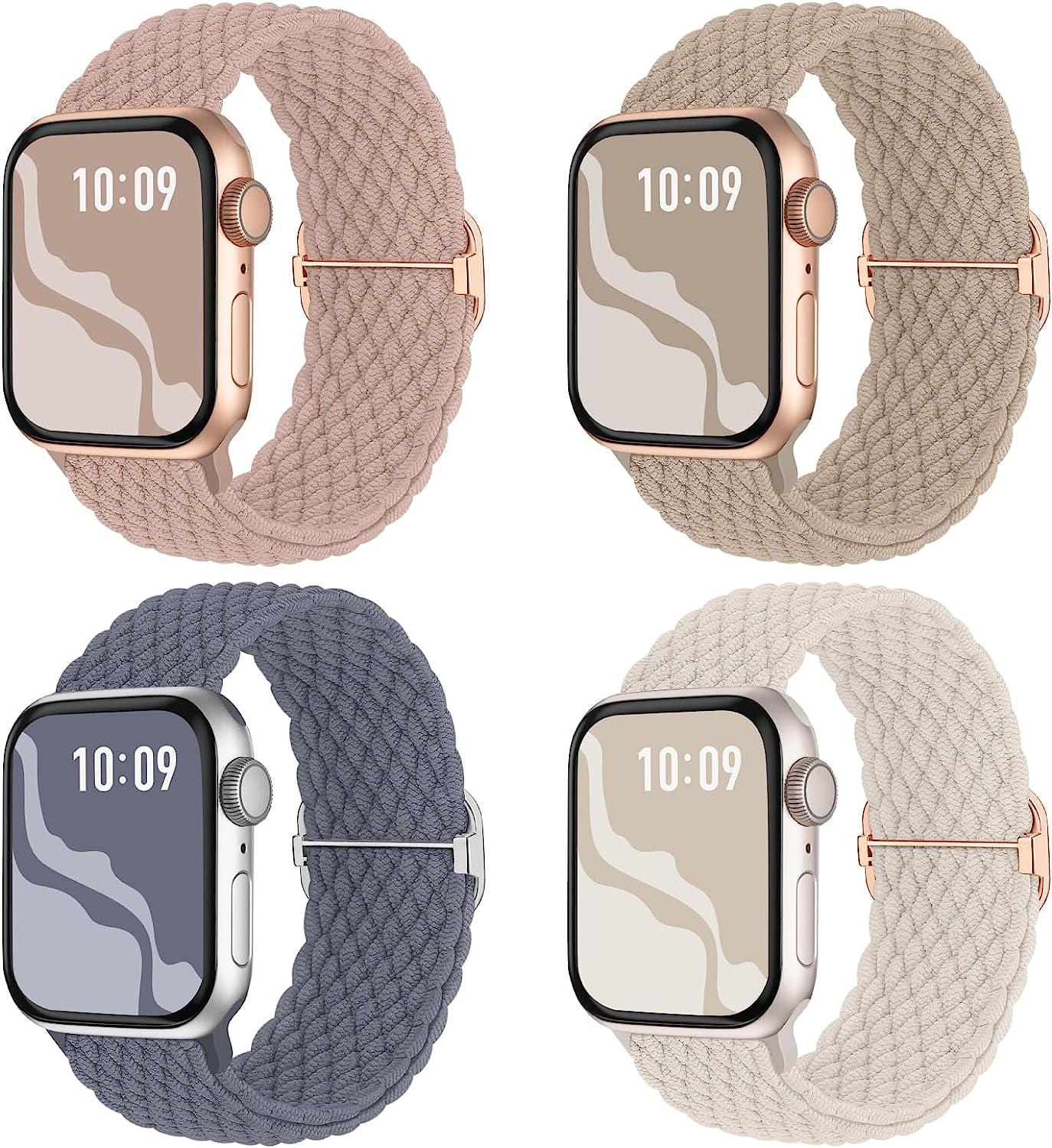 Braided Stretchy Solo Loop Compatible for Apple Watch Band 38Mm 40Mm 41Mm 42Mm 44Mm 45Mm 49Mm for Women Men, Nylon Elastic Straps Wristbands for Iwatch Series 8 7 6 SE 5 4 3 2 1 Ultra, 4Packs  Suitisbest Milk Tea/Starlight/Nude Pink/BlueGrey 38/40/41mm 