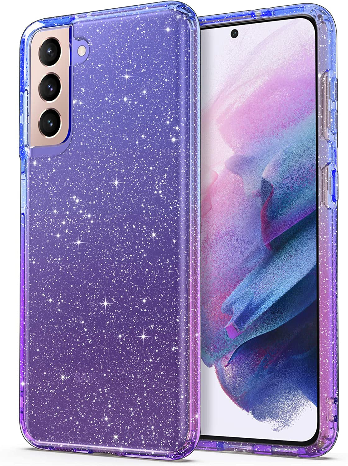 ULAK Galaxy S21 Case, Clear Glitter Case Sparkly Soft TPU Bumper Bling Cover for Women Girls Transparent Protective Phone Case for Samsung Galaxy S21 5G 6.2 Inches - Pink Glitter  ULAK Blue+Purple  