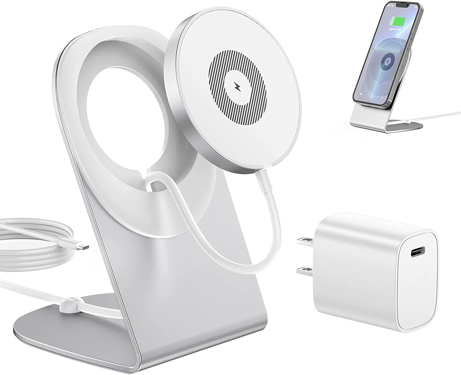 Magnetic Wireless Charger for Apple Series, Mag-Safe Charger Stand 15W Fast Wireless Charging Stand/Pad+5Ft USB-C Cable for Iphone 14 13 12 Pro Max Mini, Airpods(With 20W USB-C PD Adapter)Mag Chargers  Shenzhen Dsenbor Technology Co.,Ltd. Silver  