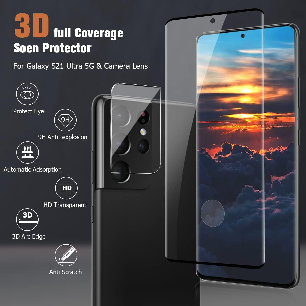 [2+2 Pack] Samsung S21 Ultra Screen Protector, 9H Tempered Glass Include 2 Pack Camera Lens Protector,Ultrasonic Fingerprint Support, 3D Curved, Bubble-Free Glass Screen Protector, for Samsung Galaxy S21 Ultra (6.8 Inch)  MAXVITAVELA   