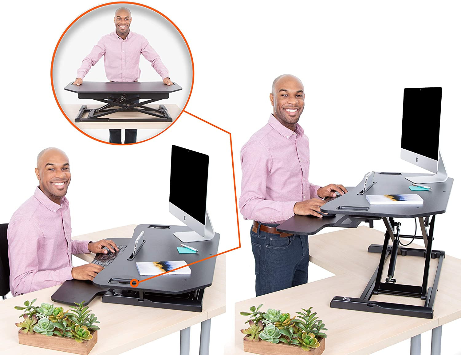 Flexpro Hero Corner Standing Desk Converter 37 Inch | Great for Cubicles & L-Shaped Desks | 2 Level Sit to Stand Workspace with Keyboard Shelf & Monitor Riser | Easily Sit or Stand (Black / 37 )  Stand Steady   