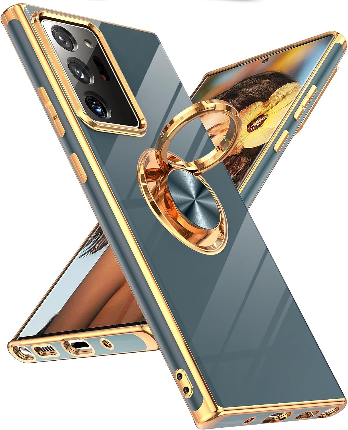 Leyi for Samsung Galaxy Note 20 Ultra Case: 360° Rotatable Ring Holder Magnetic Kickstand, Plating Rose Gold Edge Protective Samsung Galaxy Note 20 Ultra Case, Black  LeYi Gray  