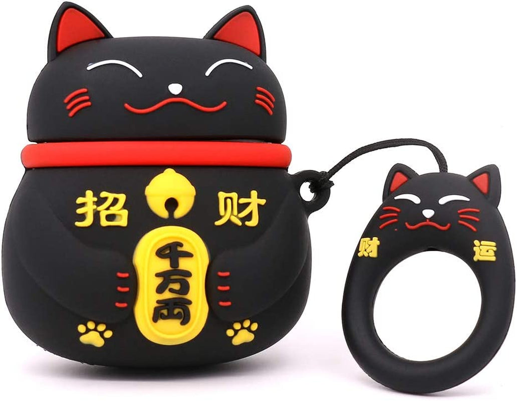 Yonocosta Cute Airpods Case, Airpods 2 Case, Fashion Funny 3D Cartoon Animals Black Lucky Cat Kitty Shaped Full Protection Shockproof Soft Silicone Charging Case Cover with Keychain for Airpods 1&2  Yonocosta Inc   