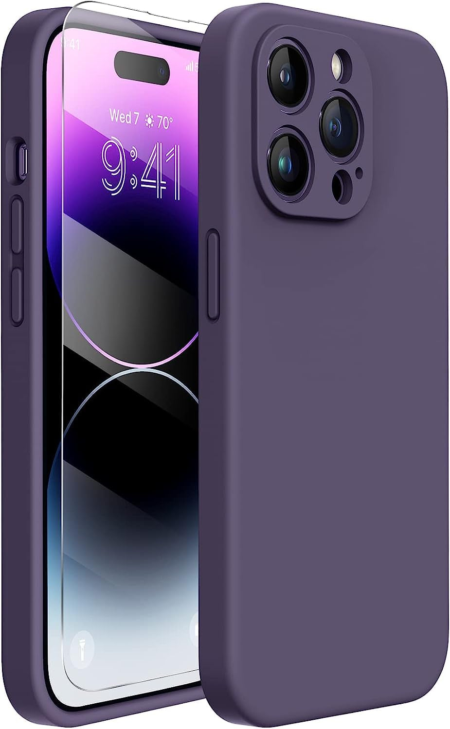 Miracase Designed for Iphone 14 Pro Case with Screen Protector, [Upgraded Camera Protection], Shockproof Liquid Silicone Rubber Phone Case Cover for 14 Pro 6.1 Inch (Alpine Green)  Miracase A-Dark Purple  