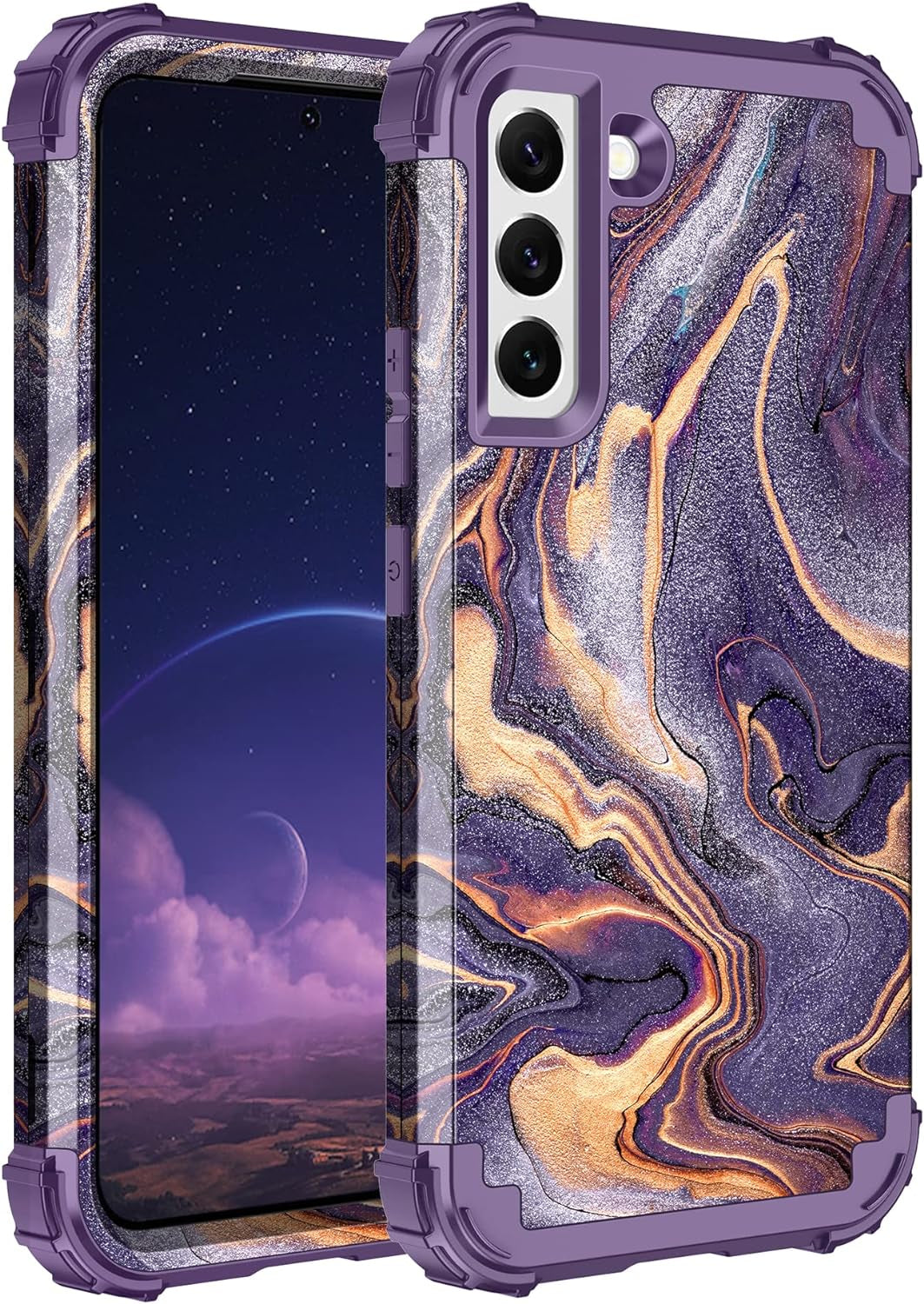 LONTECT for Galaxy S22 plus Case Shockproof 3 in 1Heavy Duty Rugged Hybrid Sturdy High Impact Durable Protective Cover Case for Samsung Galaxy S22 Plus/S22+ 5G 6.6 2022,Marble/Dark Purple  Lontect   