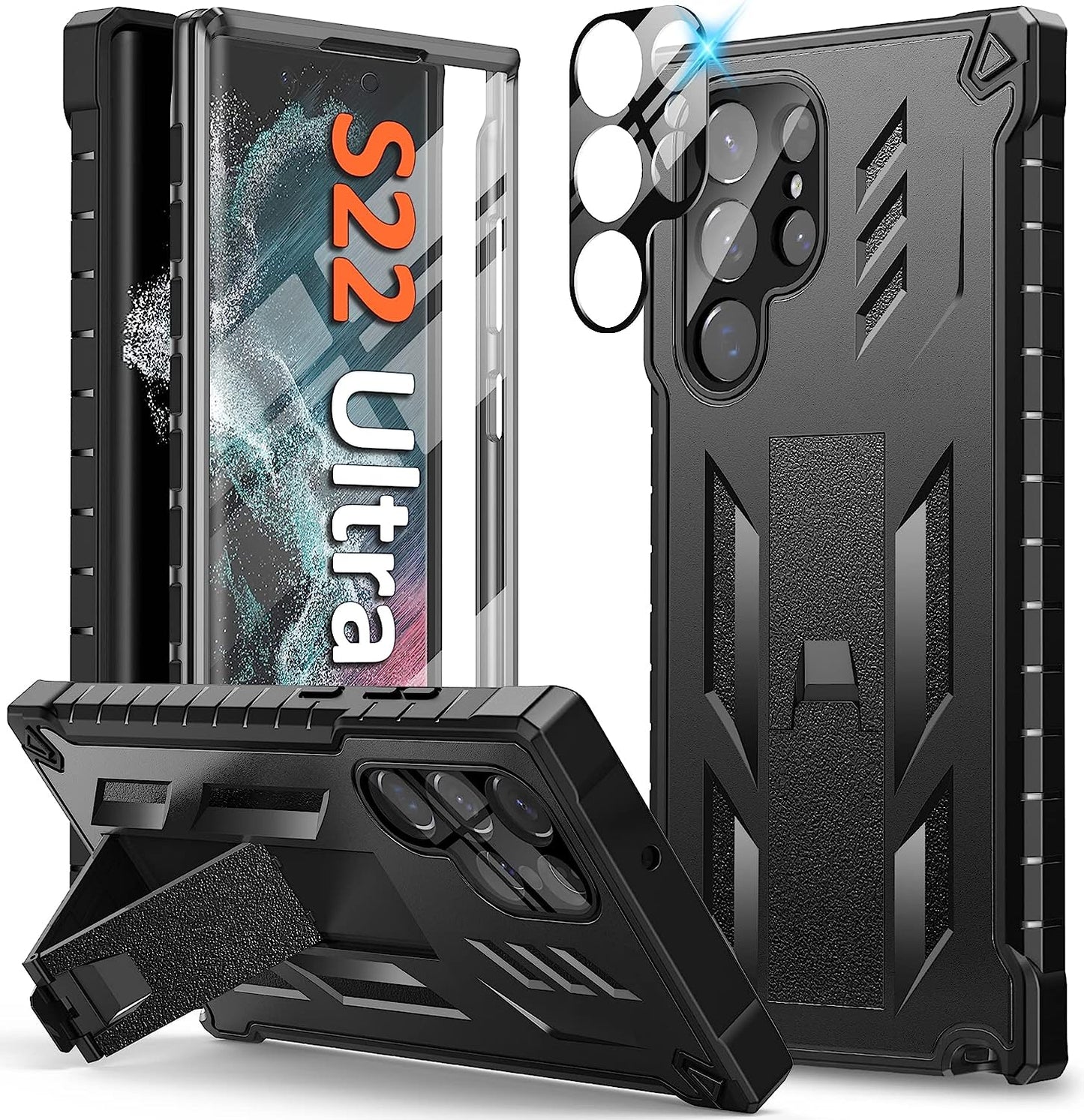 FNTCASE for Samsung Galaxy S22 Ultra Case: Built-In Screen Protector & Kickstand Full-Body Dual Layer Rugged Military Grade Shockproof Protection Heavy Duty Protective Phone Cover 5G-Black  FNTCASE   