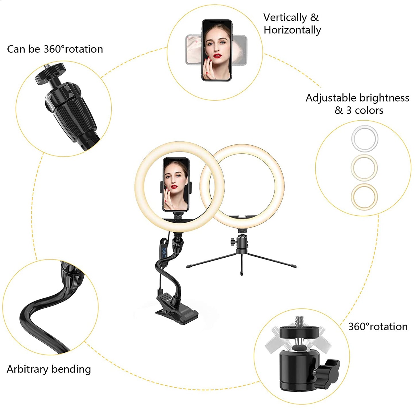 Smatree 10" LED Selfie Ring Light with Flex Clamp Mount & Tripod Stand & Phone Holder,Dimmable Desktop Dual Ring Light Double Lamp Set with 3 Light Modes for Live Streaming/Makeup/Tiktok/Youtube/Vlog  Smatree   