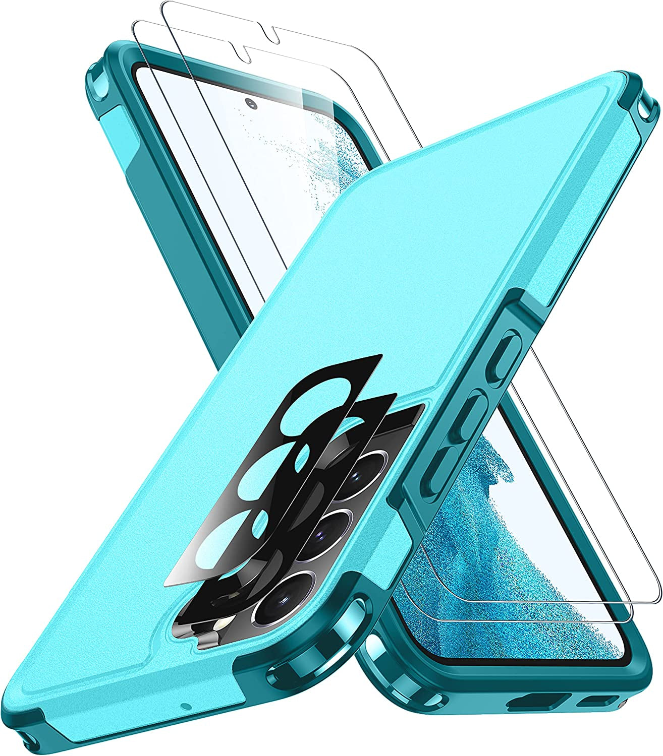 SPIDERCASE for Samsung Galaxy S22 plus Case, [10 FT Military Grade Drop Protection], 2 Pack [Tempered Glass Screen Protector+Camera Lens Protector] Heavy Duty Shockproof Case, Light Green  SPIDERCASE Light Blue  