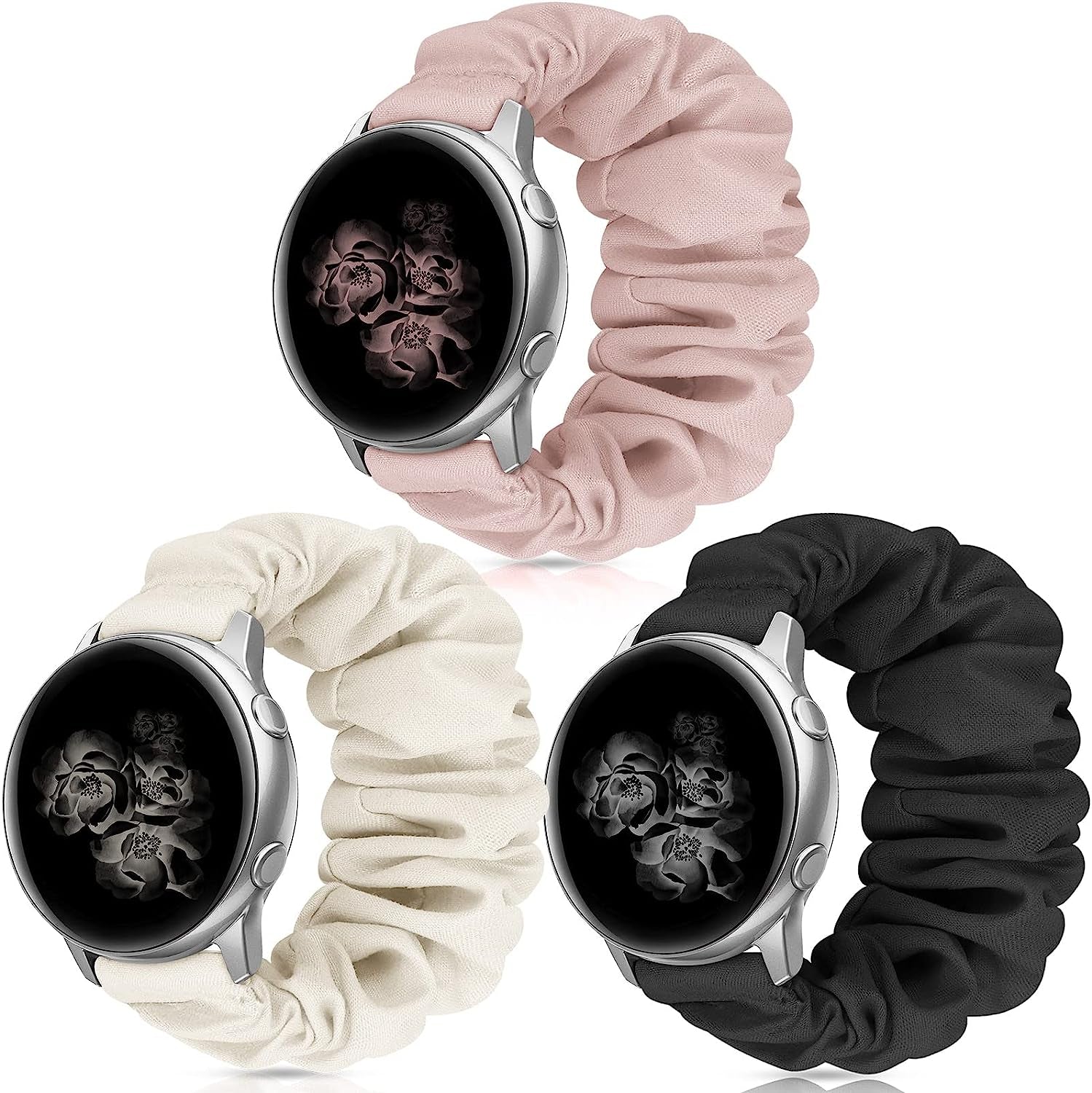 20Mm 22Mm Scrunchies Watch Bands, Cute Elastic Replacement Bands for Women with Quick Release Bar, Fabric Band for Samsung Galaxy Watch 4 5 Pro Galaxy Active, Active 2 40Mm 44Mm Watch Smartwatch Bla-S  ZSMJ X-Black/Pink/Starlight Small 