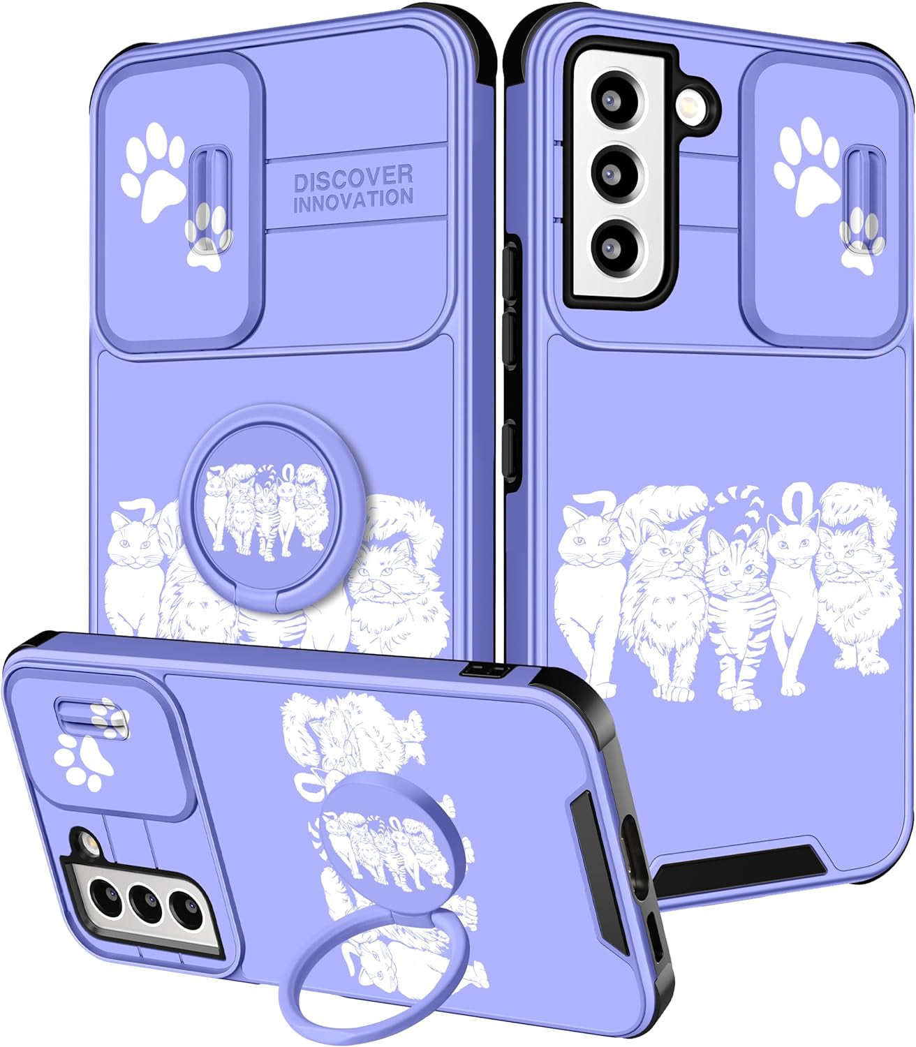 Funermei (2In1 for Samsung Galaxy S22 Case for Girls Women Cute Butterfly Cover Girly Aesthetic Black Pretty Fashion Design with Camera Cover and Ring Stand Funda for Galaxy S22 Phone Cases  Funermei 4-For Cats  