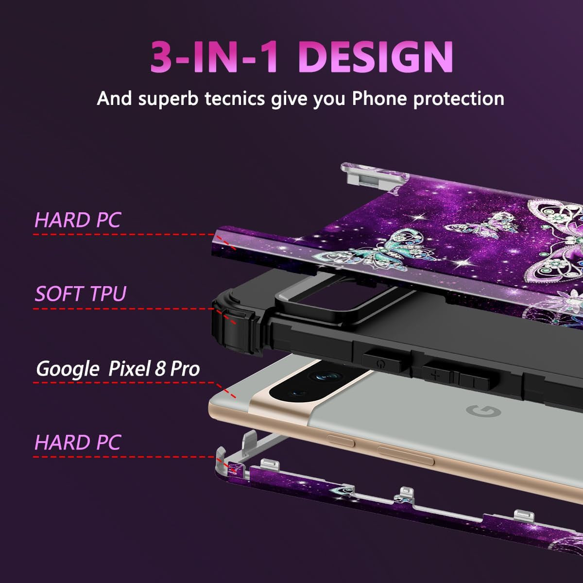 Rancase for Google Pixel 8 Pro Case,Three Layer Heavy Duty Shockproof Full Body Protection Hard Plastic Bumper+Soft Silicone Rubber Protective Girls Case for Google Pixel 8 Pro 6.7 Inch,Butterfly  Rancase   