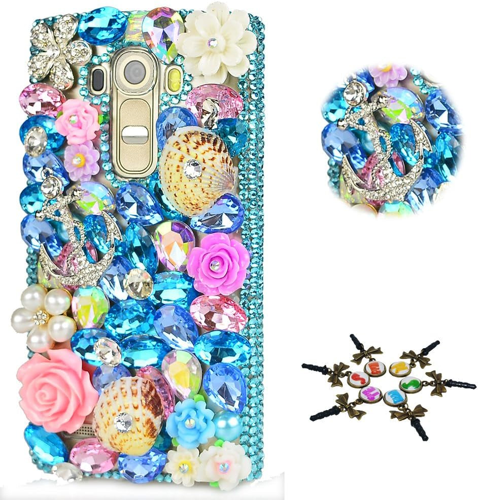 STENES LG G7 Thinq Case - STYLISH - 100+ Bling - 3D Handmade Statfish Shell Anchor Design Protective Case for LG G7/LG G7 Thinq - Novy Blue  STENES Anchor Shell Rose Flowrs / Novy Blue  