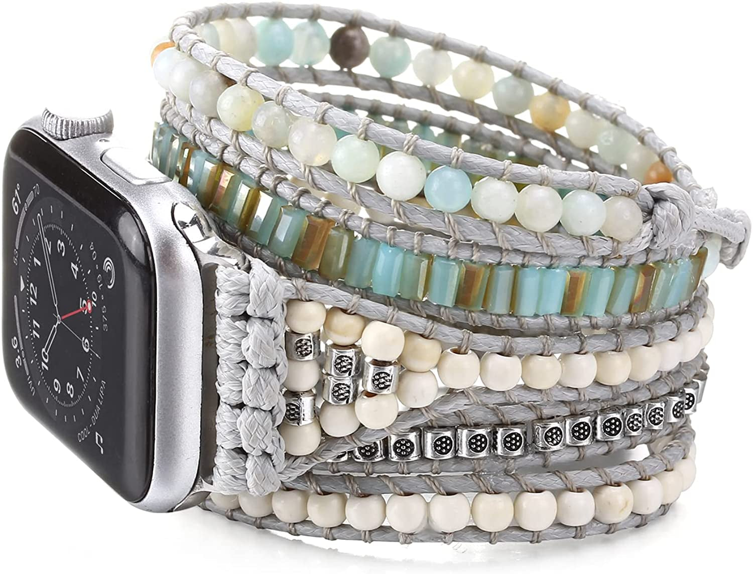 Wingoden Beaded Boho Watch Band Compatible Apple Watch Band 41Mm/38Mm/40Mm 49Mm/45Mm/44Mm/42Mm 5 Wrap Watch Bracelet Apple Watch Strap for Women Men Natural Stone Iwatch Band Series 8/7/6/5/4/3/2/1/Se/Ultra  Wingoden Grey 38mm/40mm/41mm(Fit 6"-6.7" wrist) 