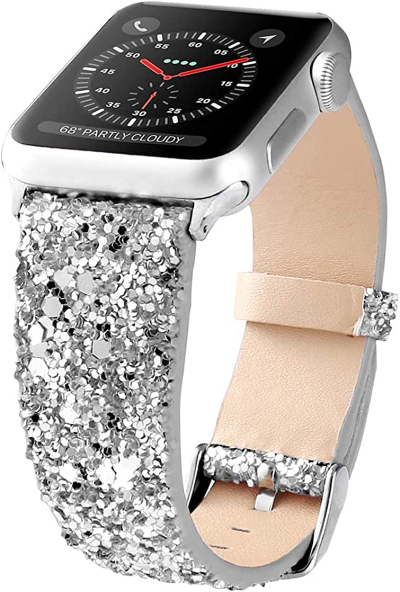 Bling Bands Compatible with Apple Watch Band 38Mm 40Mm 41Mm 42Mm 44Mm 45Mm 49Mm Women, Iwatch Strap Shiny Bling Glitter Leather Wristband for Apple Watch Series 8 7 6 5 4 3 2 1 SE Ultra  JOHIPI Silver 42mm/44mm/45mm/49mm 