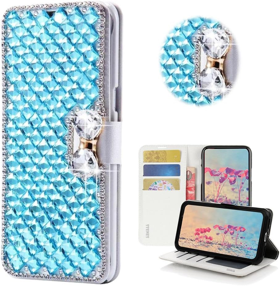 STENES LG G6 Case, LG G6 plus Case - STYLISH - 3D Handmade Bling Crystal Square Lattice Bowknot Wallet Credit Card Slots Fold Stand Leather Cover Case for LG G6/LG G6 plus - White  STENES Square Lattice Bowknot / Light Blue  