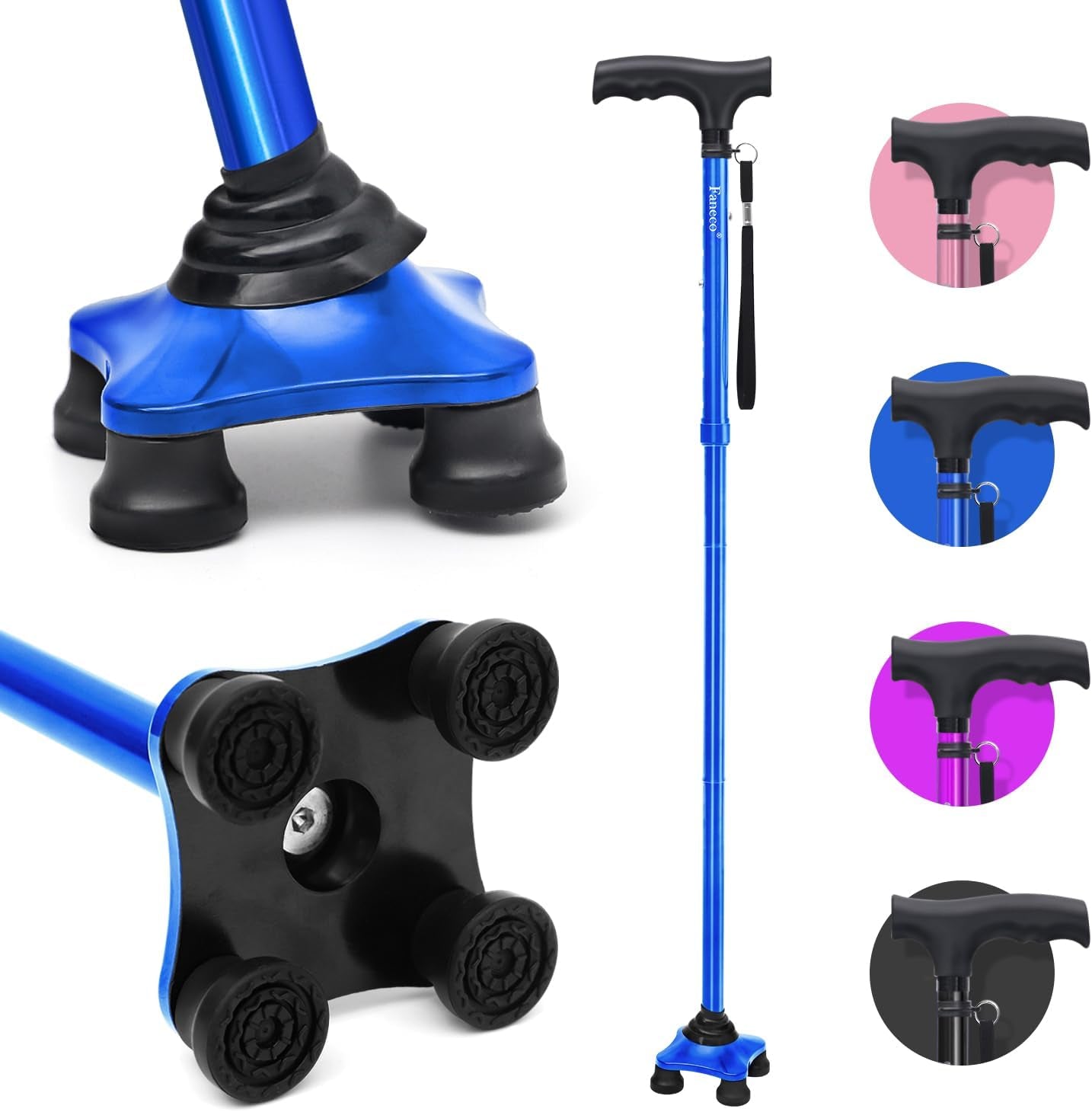 FANECO Walking Cane, Folding Walking Stick for Seniors, Pivoting Quad Base, Lightweight Adjustable Walking Stick for Men/Women  NINGBOSHI GUOSHENG XINXI KEJI YOUXIANGONGSI Blue  