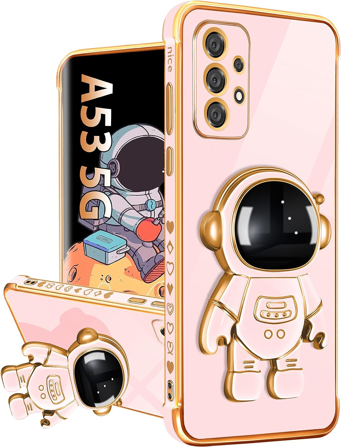 Buleens for Samsung A53 5G Case with Astronaut Stand, Women Girls Galaxy A53 5G Cases, Girly Cute 6D Outer Space Heart Pattern Phone Cover for Samsung Galaxy A53 5G Case 6.5 Inch White  Buleens Samsung Galaxy A53 5G-Pink  
