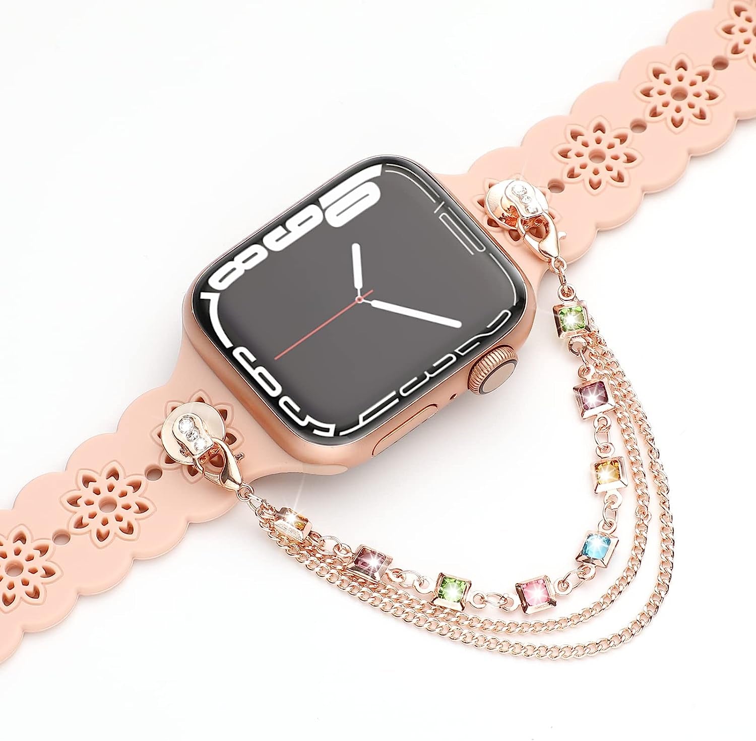Floral Silicone Band Compatible with Apple Watch Bands 38Mm 40Mm 42Mm 44Mm 41Mm 45Mm 49Mm Women Men, Slim Hollow-Out Design Wristbands Soft Sport Breathable Watch Bands for Iwatch Ultra SE Series 8/7/6/5/4/3/2/1  Wewatri Pink with Multicolor Square Drill 38mm/40mm/41mm 