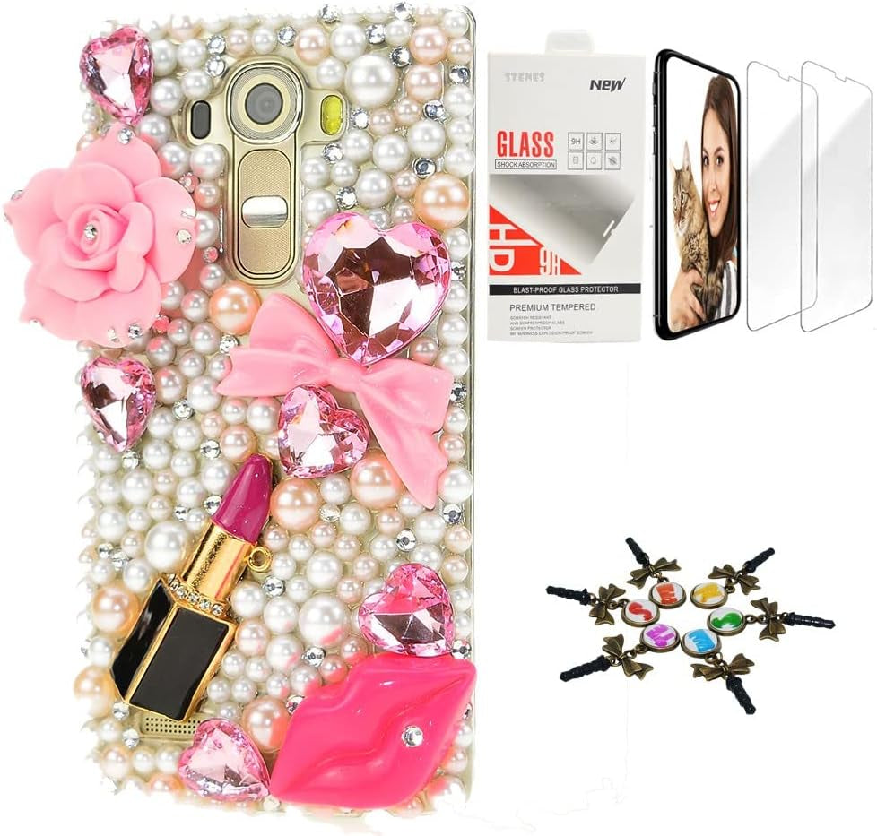 STENES Bling Case Compatible with LG V40 Thinq - Stylish - 3D Handmade [Sparkle Series] Bowknot Design Cover with Screen Protector [2 Pack] - White  STENES Big Rose Flowers Sexy Lips Lipstick / Pink Design For Lg Velvet 5G Case 