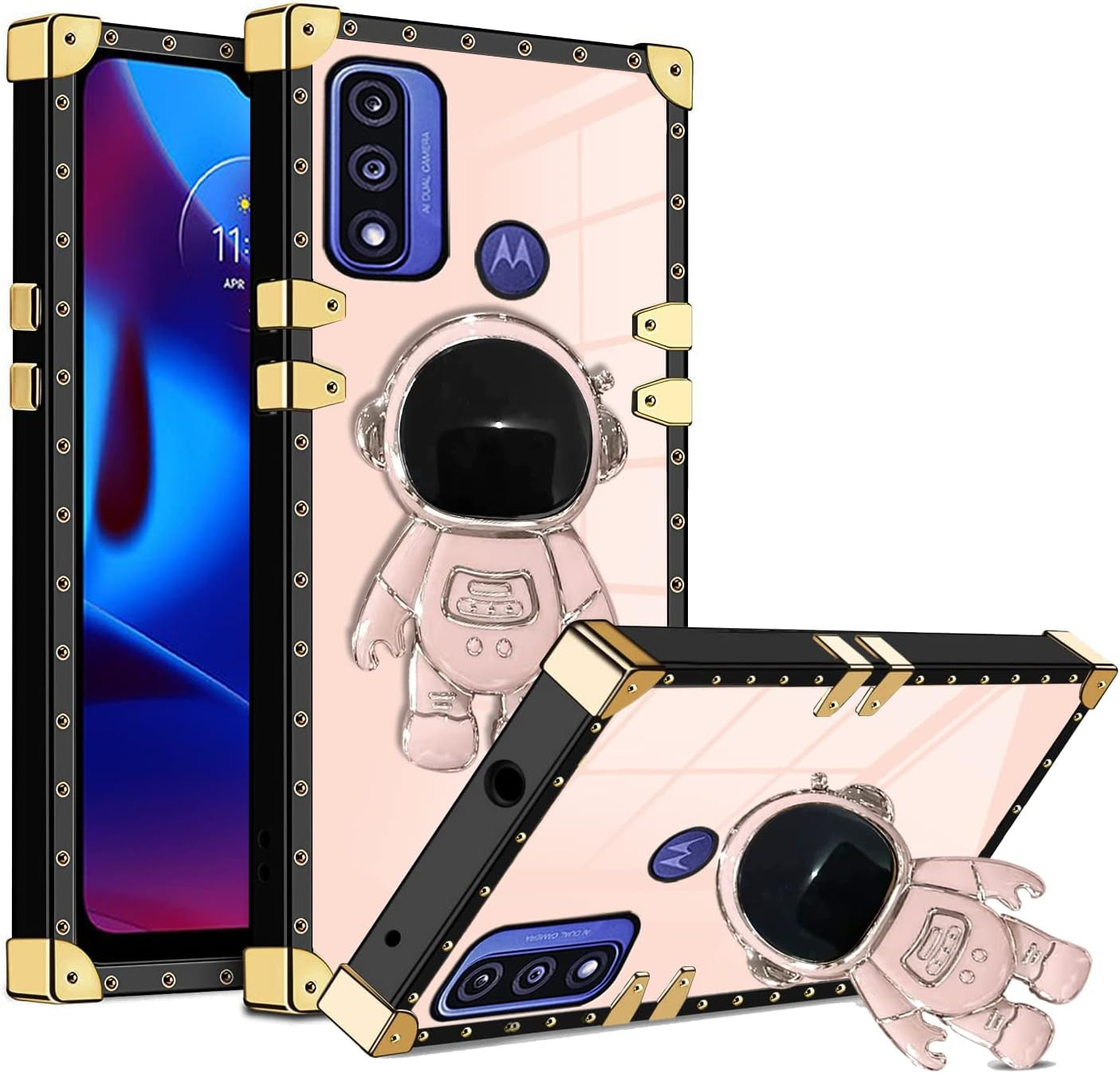 B-Wishy for Moto-G Pure Phone Case,Moto G-Power 2022 Case with Kickstand Ring Holder,Square Rivet for Girls Women Anti-Shock Slim Shockproof TPU Cover Phone Case for Moto G Play 2023(Y Black)  B-wishy Y Rose Gold  