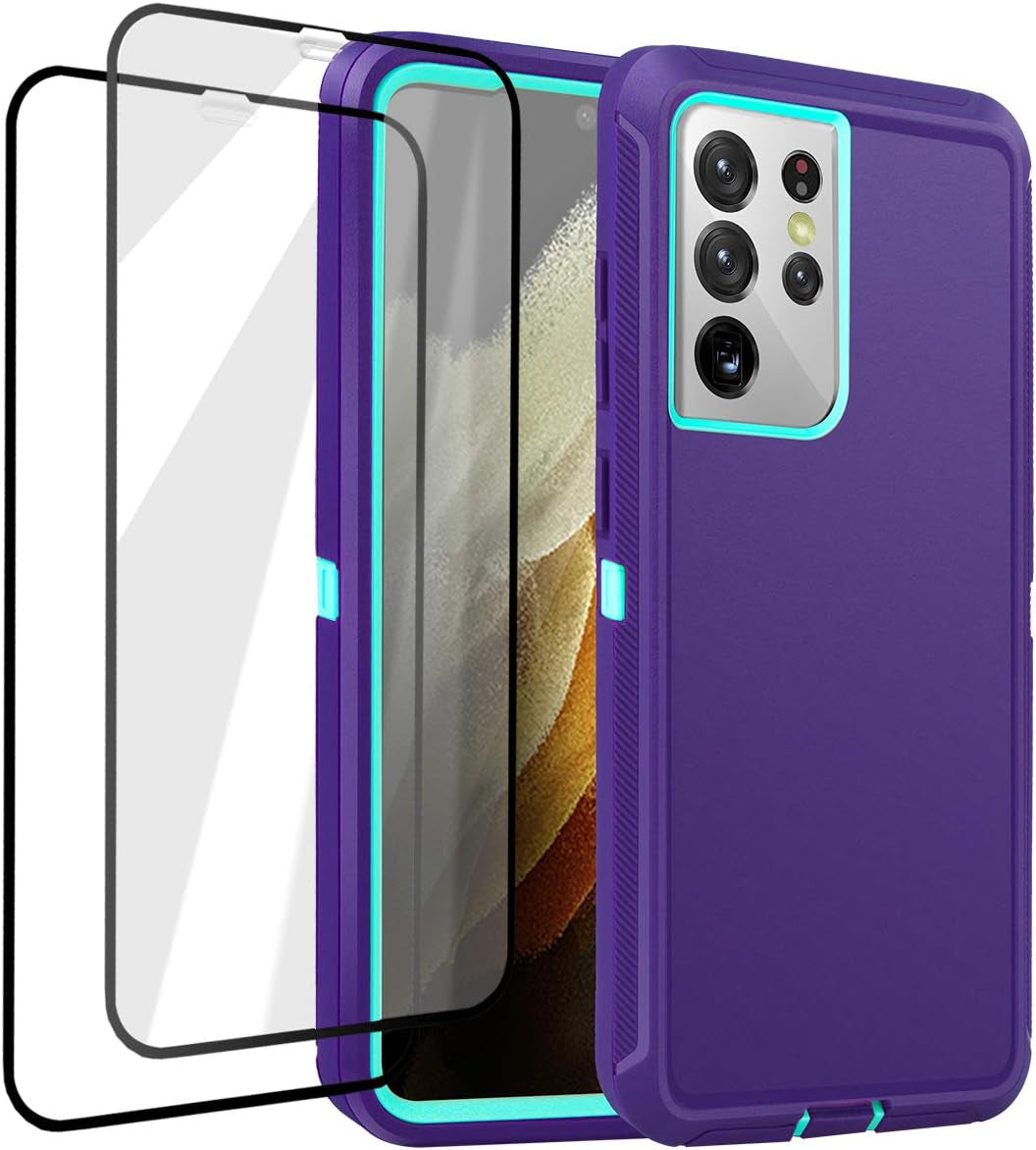Aicase for Galaxy S21 Ultra Case with Screen Protector, Heavy Duty Drop Protection Full Body Rugged Shockproof/Dustproof 3-Layer Military Grade Tough Durable Phone Cover for Samsung Galaxy S21 Ultra  AICase Purple/Pool Blue Galaxy S21 Ultra 