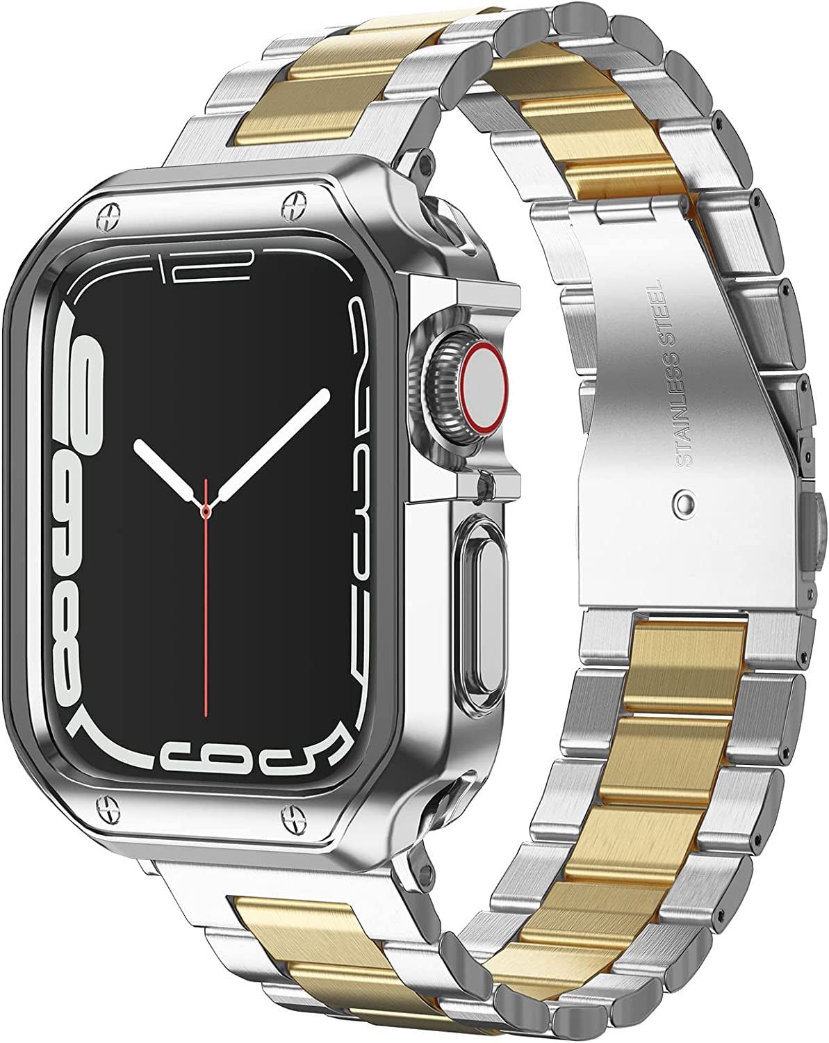 MRYUESG Compatible with Apple Watch Band and Case, Stainless Steel Metal Chain with TPU Cover, Smart-Watch Link Bracelet Strap, Wrist-Band for I-Watch Series 8 7 6 5 4 3 2 1 SE SE2  MRYUESG Silver+Gold 42/44/45mm 