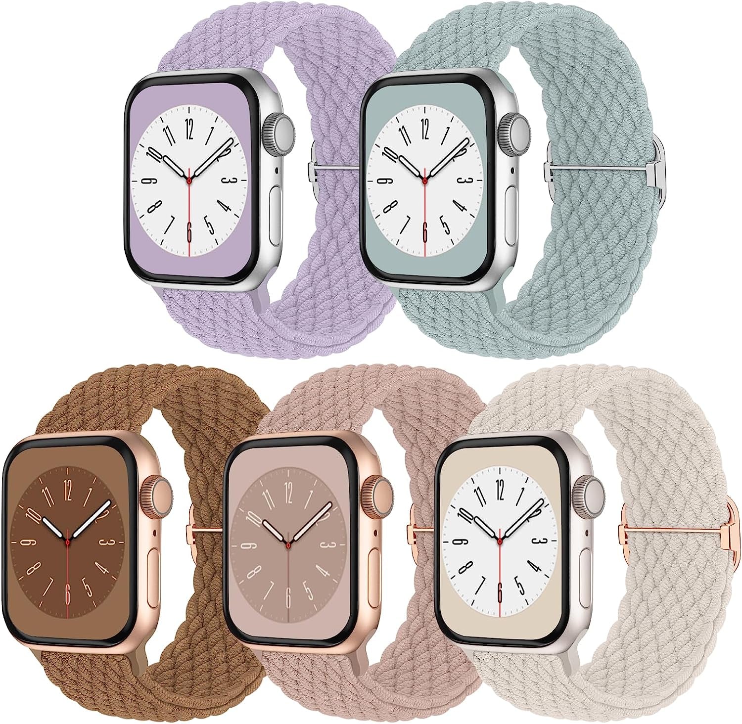 Braided Solo Loop Compatible with Apple Watch Band 38Mm 40Mm 41Mm 42Mm 44Mm 45Mm 49Mm, Women Men Nylon Stretchy Bands Adjustable Elastic Sport Straps for Iwatch Ultra Series 8 7 6 5 4 3 2 1 SE, 5 Pack  Butifacion Pink/Starlight/Brown/Succulent/Lavender 38mm/40mm/41mm 