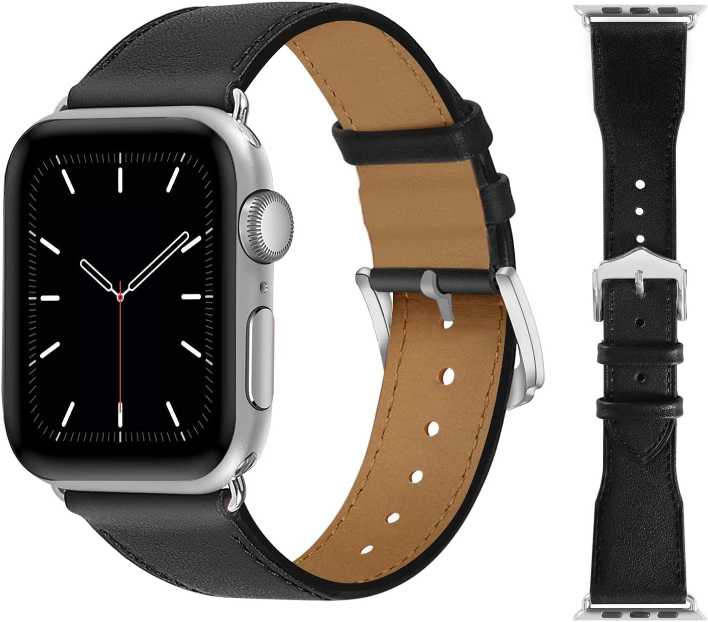 Genuine Leather Watch Bands Compatible with Apple Watch 38Mm 40Mm 41Mm for Men Women Straps Wristband for Iwatch SE & Series 7 6 5 4 3 2 1 Black Band+Silver Adapter  N-Hocezyg   