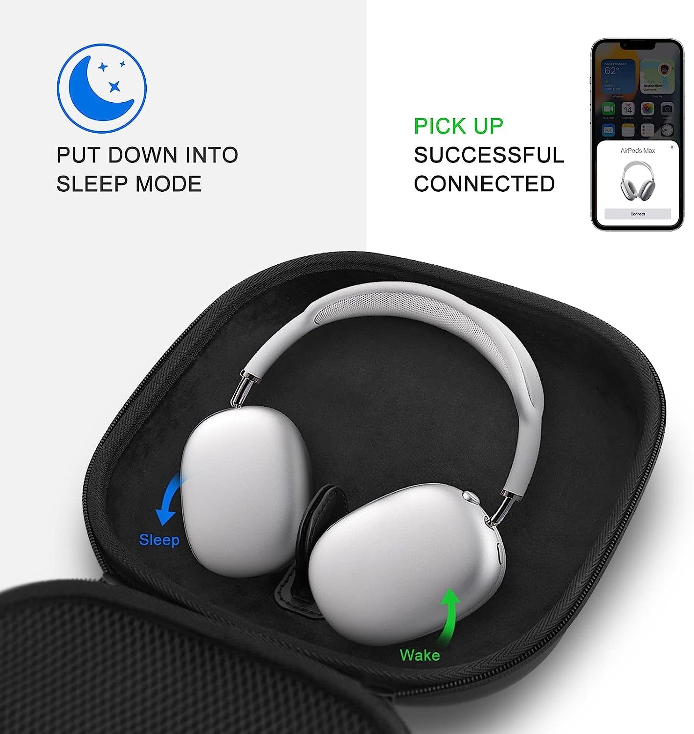 Opoway Hard Case for Airpods Max with Sleep Mode, Upgraded Travel Carrying Headphone Case with Silicone Earpad Cover & Mesh Pocket, Portable Organizer Protective Storage Bag  Opoway   