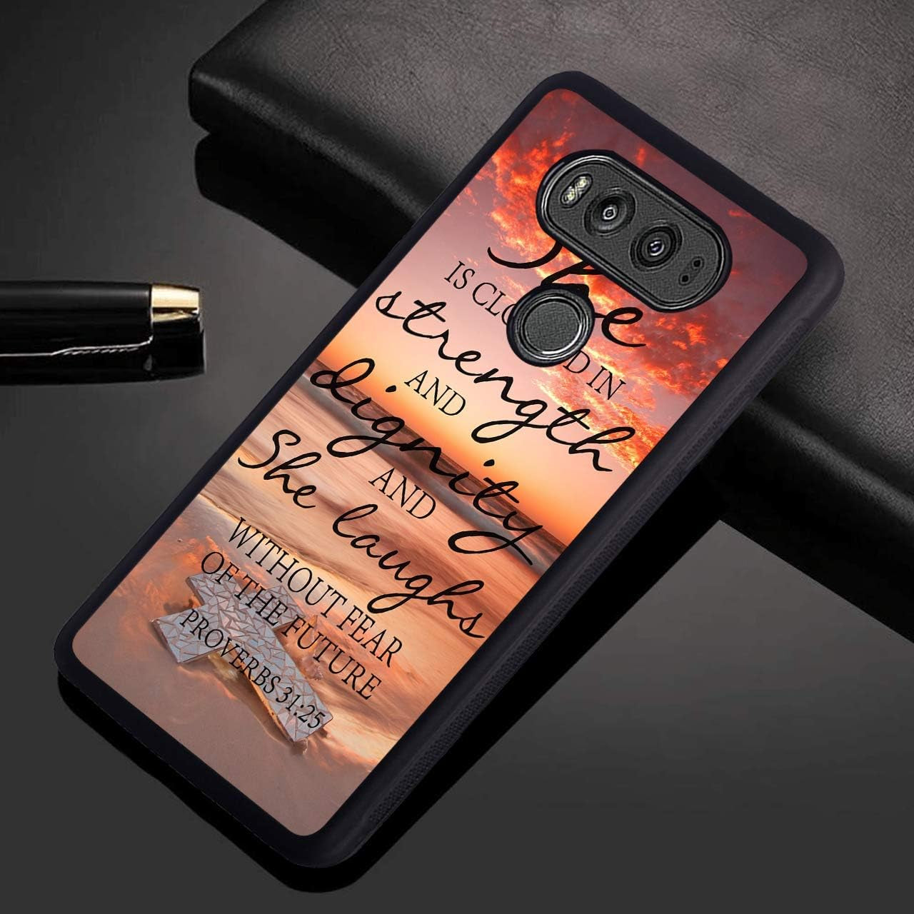 Case for LG V30, Sunset Beach Cross Bible Verse Proverbs 31:25 Design Slim Impact Resistant Shock-Absorption Rubber Protective Case Cover for LG V30/LG V30 Plus/Lg V30S/Lg V35/LG V35 Thinq  Log Zog   
