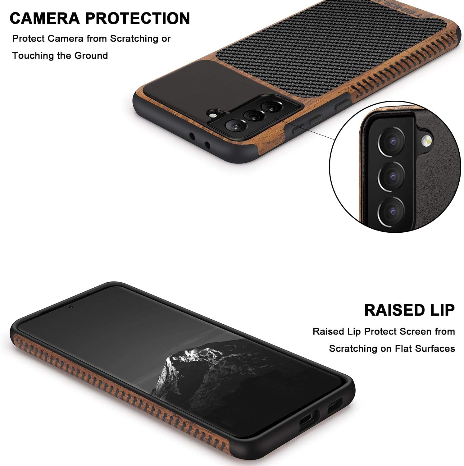 TENDLIN Compatible with Samsung Galaxy S21 Case Wood Grain with Carbon Fiber Texture Design Leather Hybrid Case Black  TENDLIN   