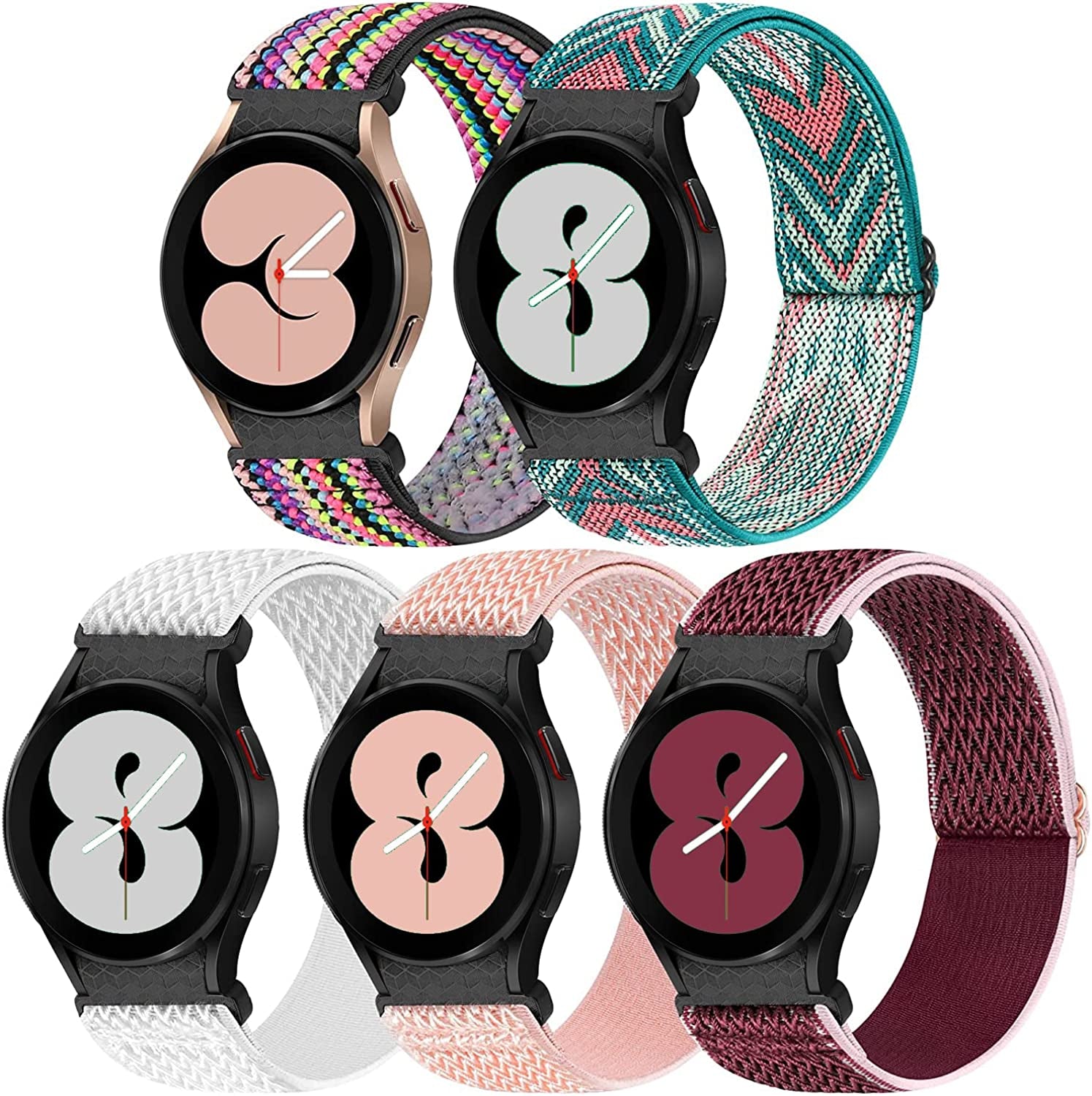 5 Pack No Gap Bands Compatible with Samsung Galaxy Watch 5 40Mm 44Mm/ Watch 5 Pro 45Mm/ Galaxy Watch 4 40Mm 44Mm/ Galaxy Watch 4 Classic 42Mm 46Mm, 20Mm Elastic Nylon Sport Band for Women Men  BeautyFurlife Pink/White/WRed/GrArro/Multicolor  