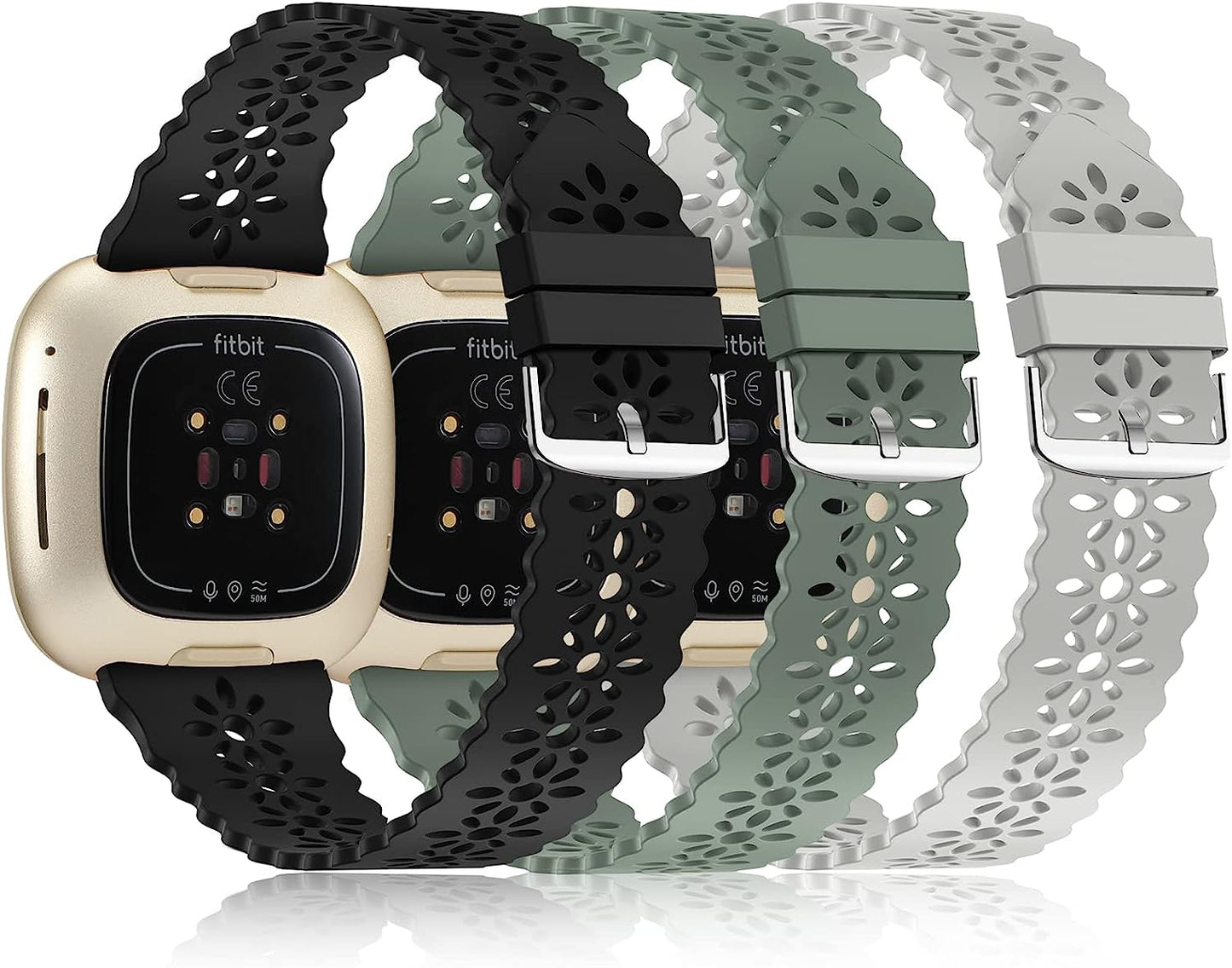 YAXIN 3 Pack Slim Sport Bands Compatible with Fitbit Sense/Fitbit Versa 3 Band/Versa 4 Bands/Fitbit Sense 2 for Women,Soft Silicone Lace Replacement Wristbands for Fitbit Versa Smart Watch  YAXIN D-black/gray/pine green  