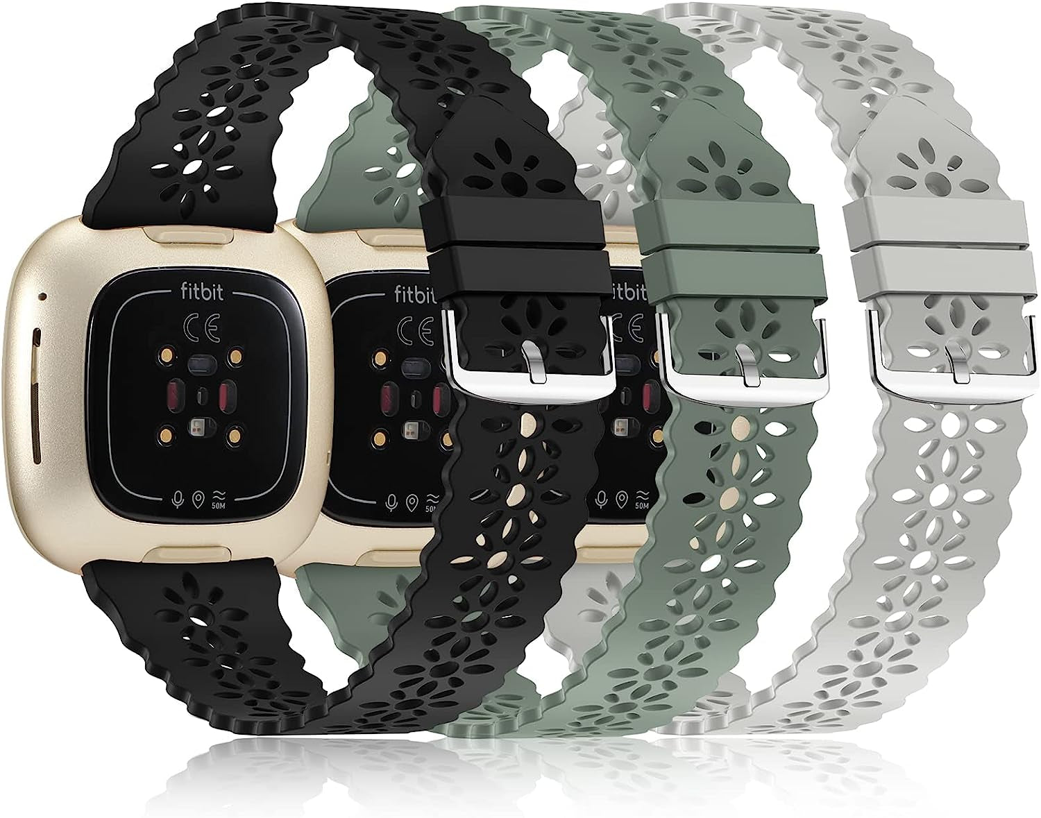 YAXIN 3 Pack Slim Sport Bands Compatible with Fitbit Sense/Fitbit Versa 3 Band/Versa 4 Bands/Fitbit Sense 2 for Women,Soft Silicone Lace Replacement Wristbands for Fitbit Versa Smart Watch  YAXIN D-black/gray/pine green  