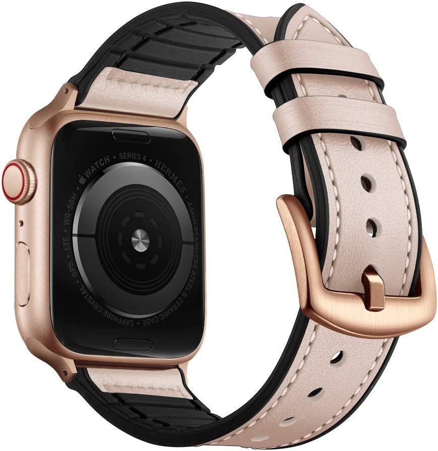 OUHENG Compatible with Apple Watch Band 49Mm 45Mm 44Mm 42Mm, Sweatproof Genuine Leather and Rubber Hybrid Band Strap for Iwatch Ultra Series 8 7 6 5 4 3 2 1 SE2 SE, Brown Band with Black Adapter  OUHENG Pink Sand/Rose Gold 41mm/40mm/38mm 