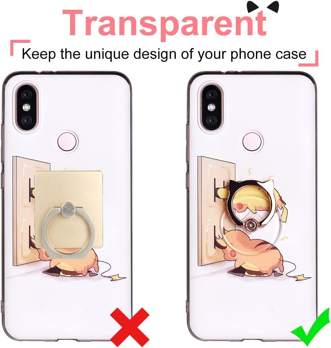 Cat Phone Ring Holder - EI Sonador Clear Cell Phone Ring Holder Transparent Stand Finger Grip (1 Silver + 1 Rose Gold Cat)  EI Sonador   